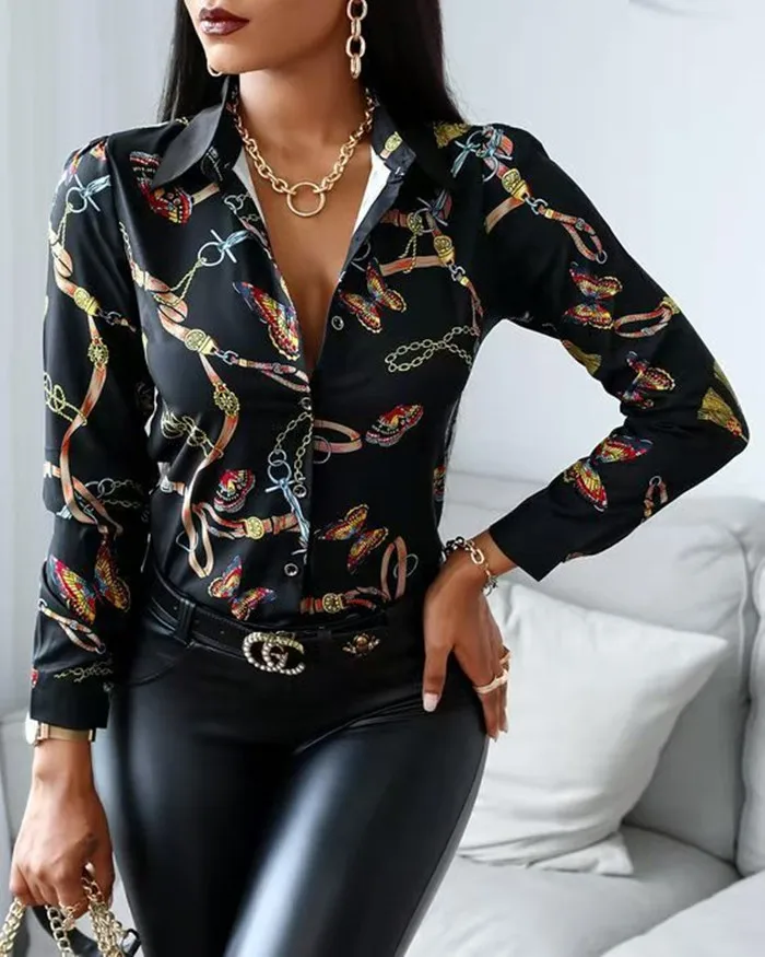 

Hot Camisa Cardigan Shirt Polyester Color Block 3 Colors Turn Down Collar Slim Fit Satin Printed Baju Blouses Elegant Women Tops, Picture color