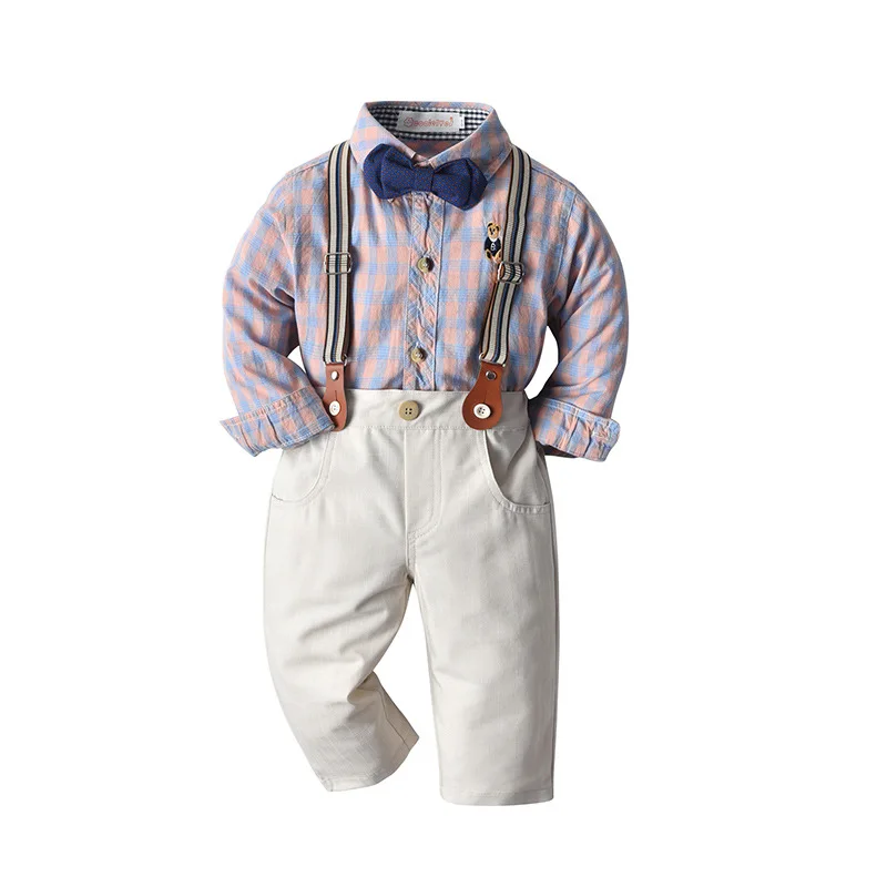 

Children Clothes New Gentleman Long Sleeve Turn Down Collar Tie Shirt Suspenders Trousers 3pcs Suit Boys Clothing Set