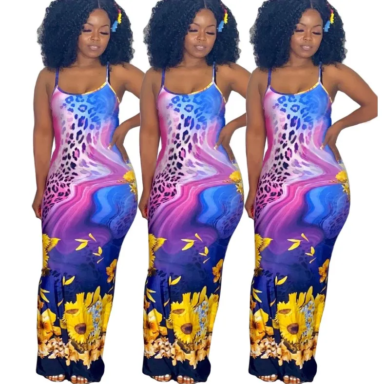 

H1673 New Fashion Women Wear Clothing Leopard Print Sunflower Cotton Off Shoulder Sexy Plus Size Dresses Maxi Dress Ladies
