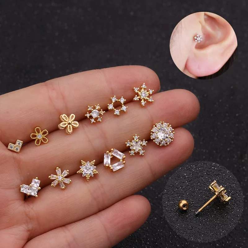 

20G Stainless Steel Heart Flower Snowflake Ear Piercing Jewelry Cz Tragus Cartilage Helix Conch Rook Screw Back Earring Studs, Silver / gold