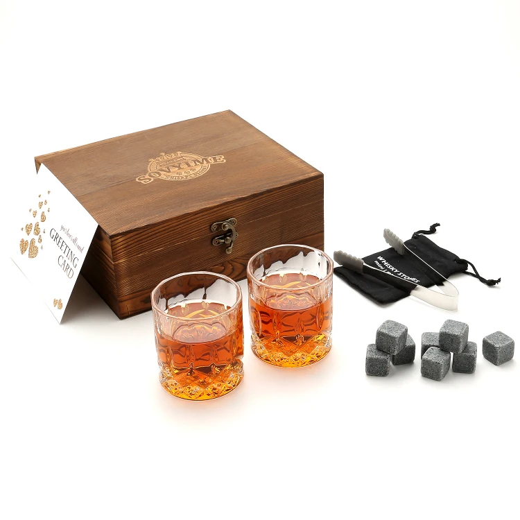 

Hot Selling Personalised Whiskey Gift Set Whisky Chilling Ice Cube Stones With 2 Old Fashion Crystal Whiskey Glasses, Grey