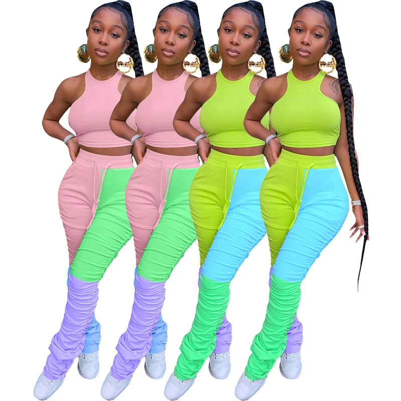 

Stock 2021 stylish out women wear sleeveless crop top with geometric stack pants two piece 2 piece outfit