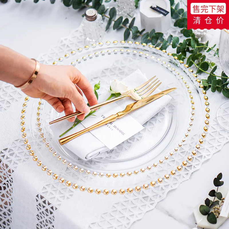 

Nordic Gold Bead Glass Charger Dinner Plated Dish Decorative Salad Fruit Wedding Plate Dinner, Clear