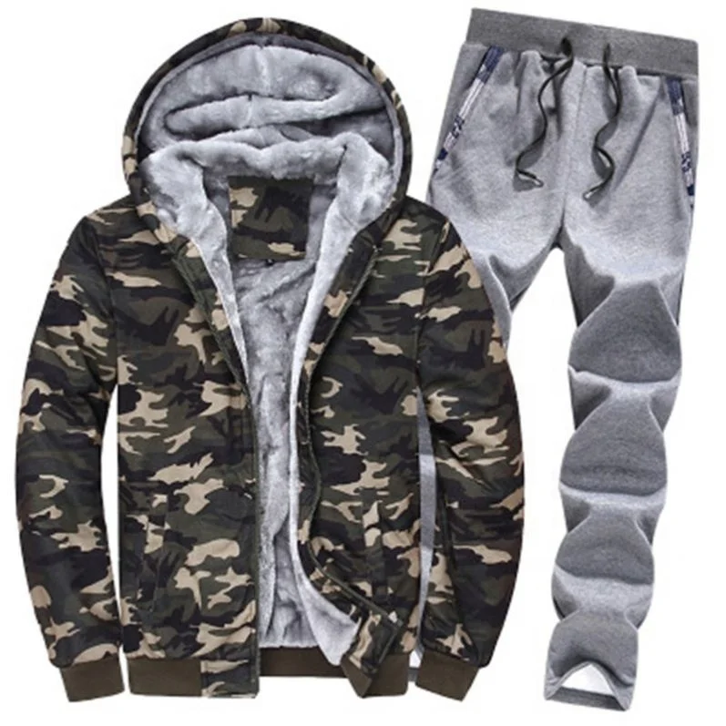 

Winter new plus velvet men's sportswear sweater suit extra large size slim thick warm camouflage in Stock