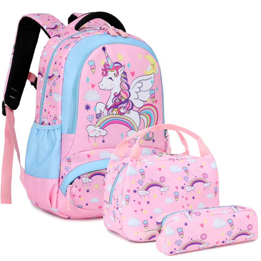 

Meisohua unicorn backpack for girls cute unicorn school bag kids backpack set book bag three sets with lunch box, Blue,pink,deep blue