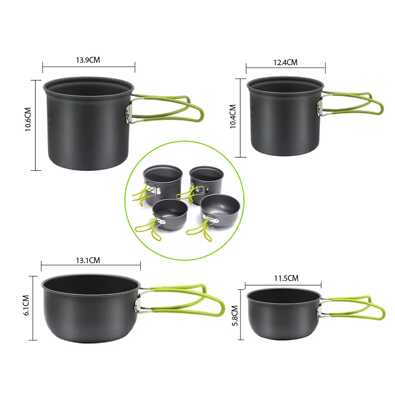 

Custom Portable 1-2 Person 4Pcs Lightweight Hiking Combo Outdoor Cooking Pots Camping Cookware Set