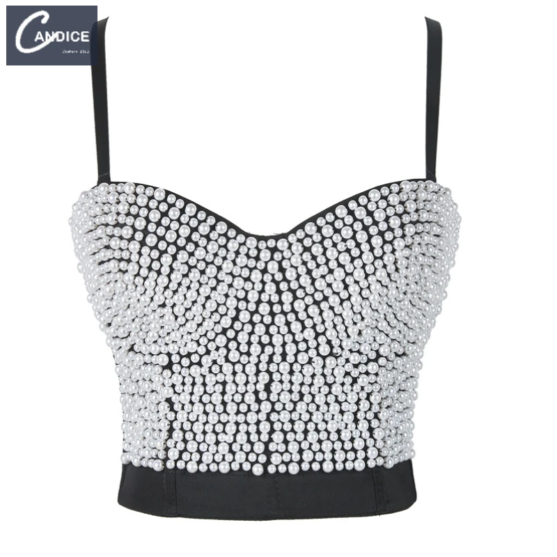 

Candice wholesale party club wear vintage haute couture pearl top luxury beaded tank top crop corset sexy