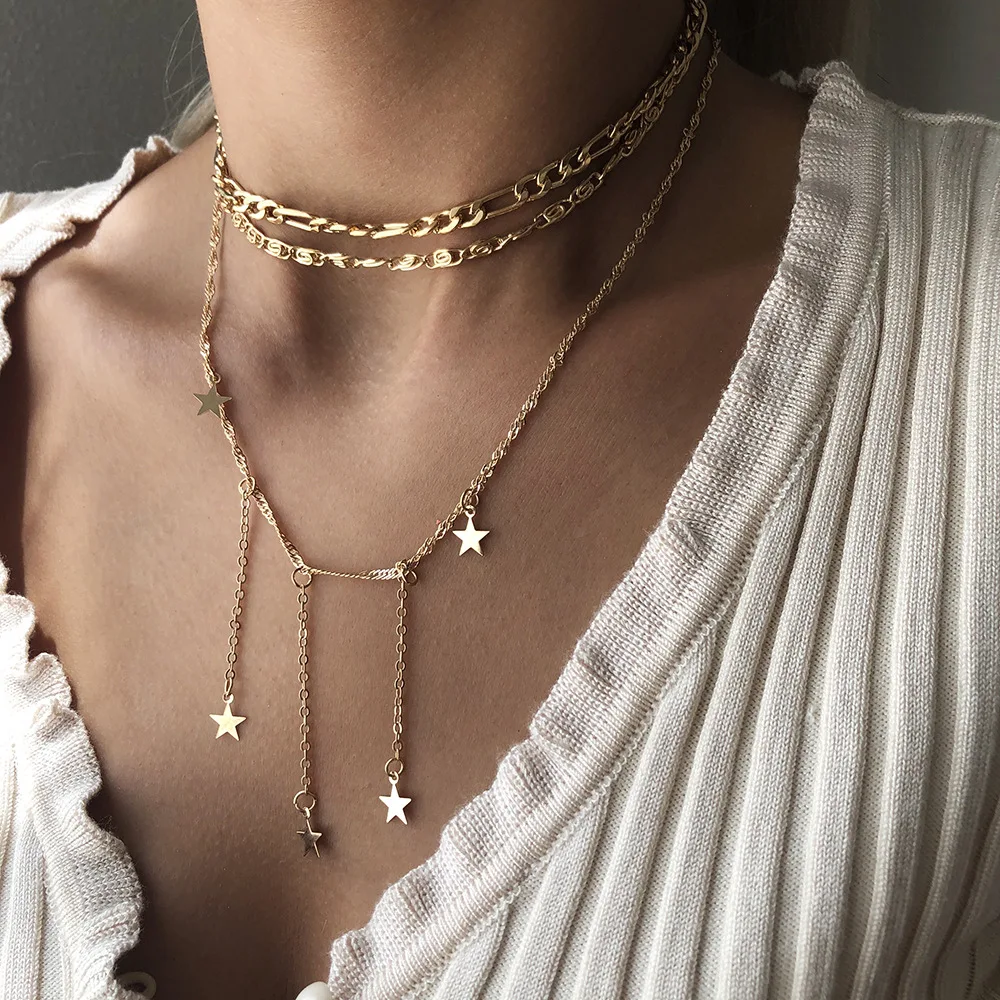 

Best Selling Womens Chain Necklace Three Layer Alloy Stars Pendant Tassel Necklace Women