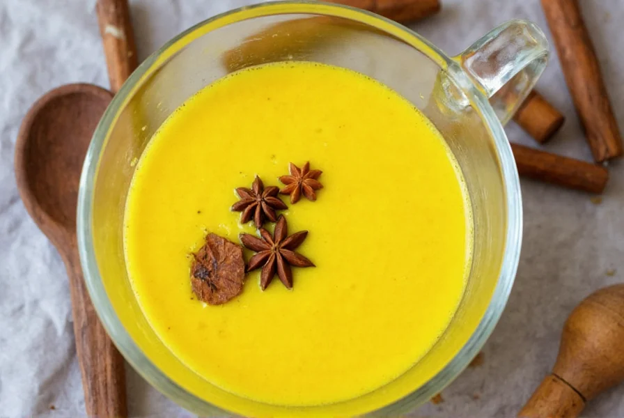 Golden milk turmeric tea preparation with spices and coconut milk