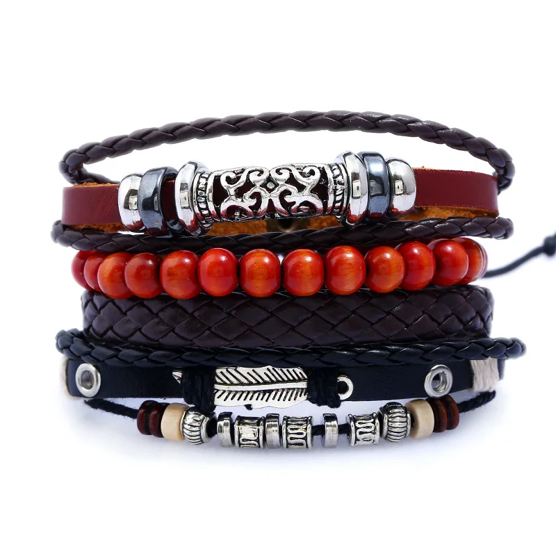 

New Arrivals Leather Bracelets Fashion Men's Leather Beaded Bracelet Set Retro Hand Strap Jewelry
