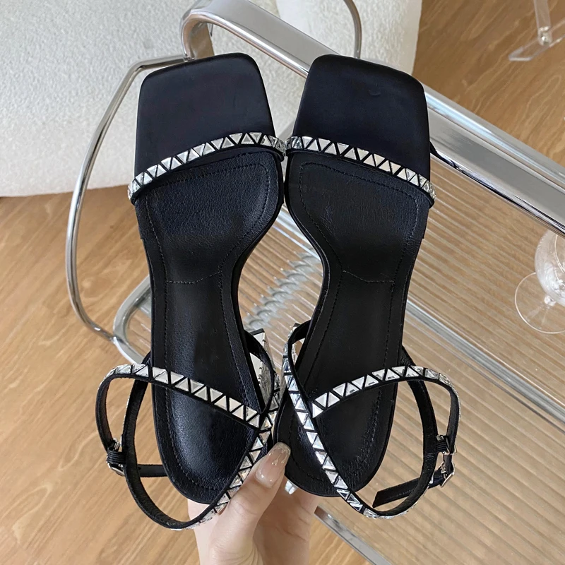 

Elegant Square Toe Triangle Crystal heeled Sandals Summer Fashion Buckle Strap Thick High Heels Women Office Work casual Shoes