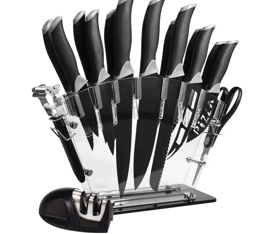 

OEM Kitchen Knife Manufacturer 17 Pcs Black Color Handle Steak Knife Set Butcher Knife With Acrylic Block