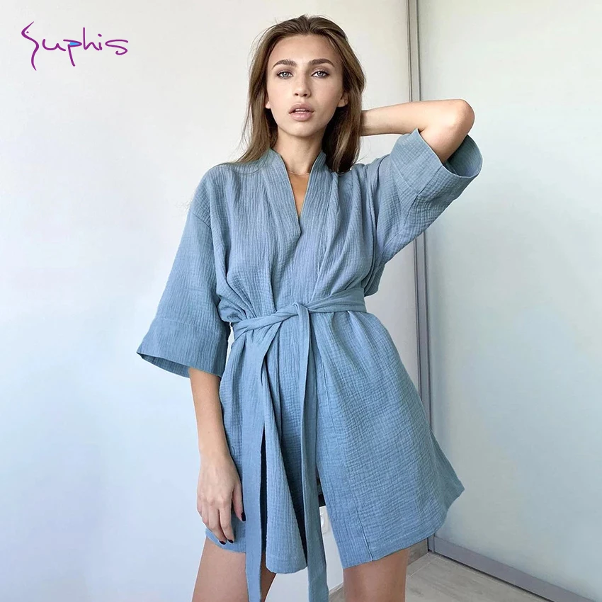 

SUPHIS Sexy Mini Dresses Three Quarter Sleeves Dressing Gown Dress Nightgown Home Dress Solid Cotton Bathrobe Female Robes Women