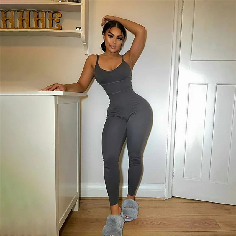 

Basic Style Solid Color Stretchy Nice Jumpsuit Casuales Halter Yoga Jumpsuits