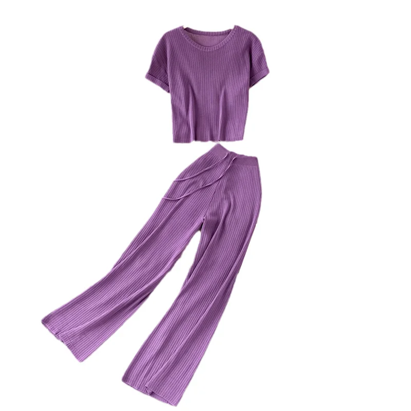 

Elastic waist drape trousers loose straight leg wide-leg pants women's two-piece suit high waist short round neck T-shirt short