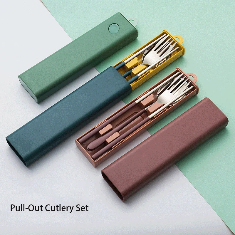 

3Pcs Set 304 Stainless Steel Cutlery Set Spoon Fork Chopsticks Portable Tableware Wholesale, As picture