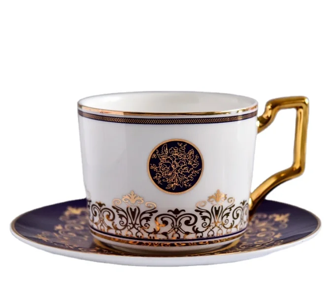 

Tangshan Ceramic Gift Dish Tea cup Gold Handle White Blue Fine Bone cups China Saucer Mug Cup Set For Coffee, Customized mini ceramic cup
