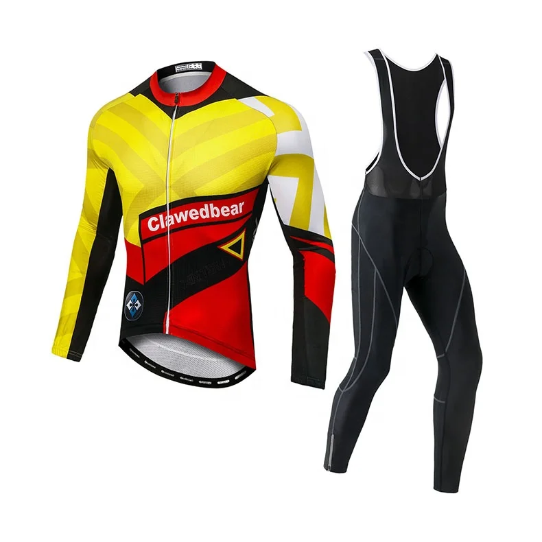 

High quality men high elasticity cycling suit spring and autumn bicycle sports jersey yellow E-bike long bib wear