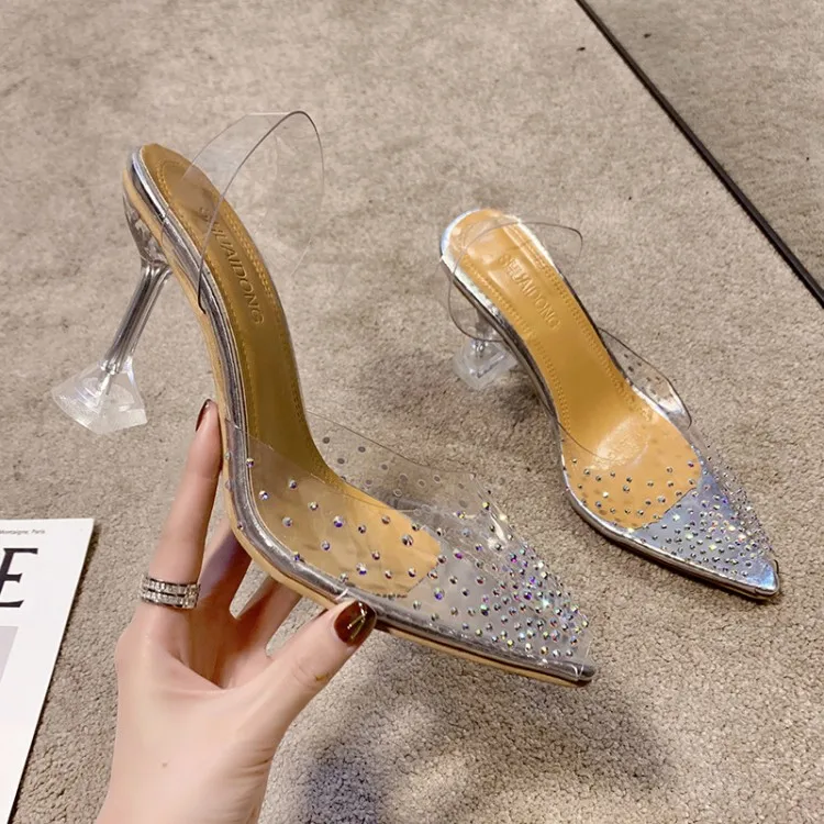 

wholesales factory price peep toe stilettos transparent rhinestone 2021 new hot clear heels for women and ladies, Silver