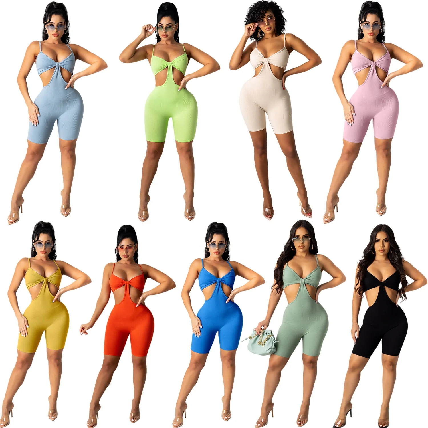 

F21742A 2021 hot sale women's casual solid color pit-striped tight suspenders one-half bodycon jumpsuit, Pink, red, black, fruit green, army green, light blue, turmeric,