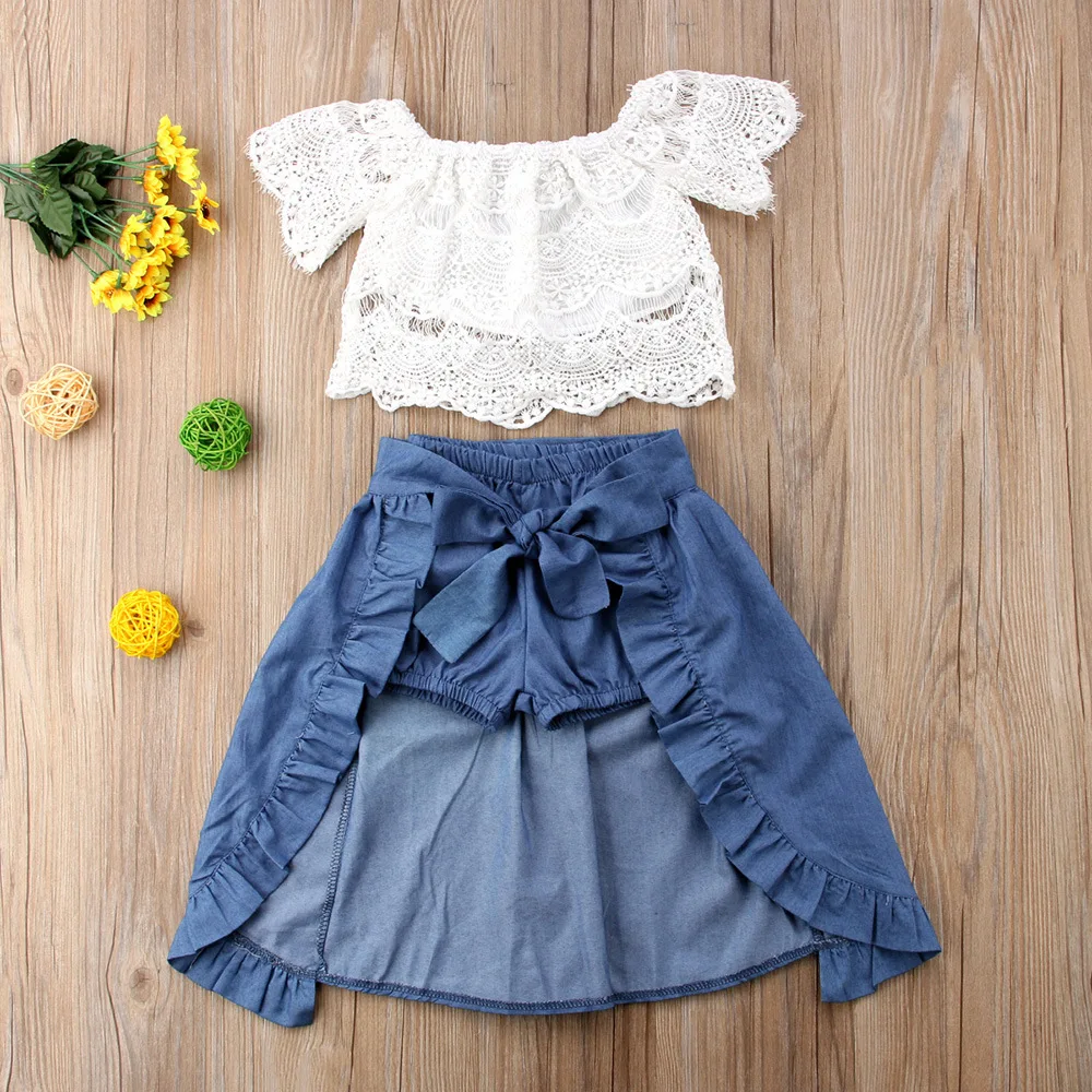 

rts Girls summer lace top denim skirt pants three-piece suit 2021 new hot sale design kids wear