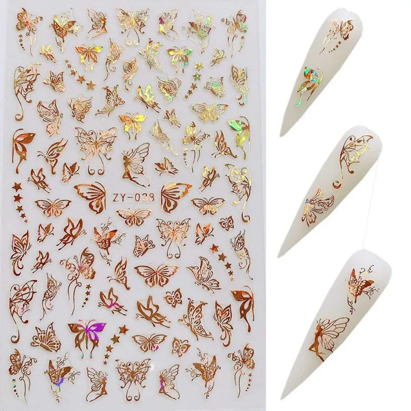 

2021 Different Laser Gold and Silver Color Butterfly Shapes Nail Art Decoration 3D Nail Sticker, Gold/ silver