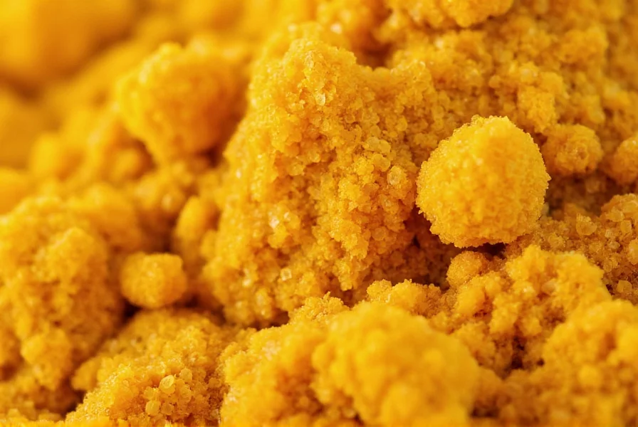 Microscopic view of curcumin crystals showing molecular structure and golden yellow pigmentation