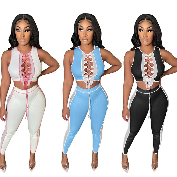 

CM2140 Fashion Stitching Hollow Women Pant Sets 2 Piece Womens Sets Crop Top Sexy