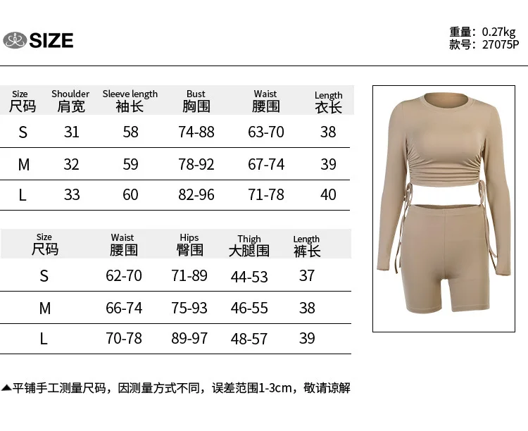 Drawstring Two Piece Long Sleeve Crop Top Biker Shorts Sets Matching T Shirt Casual Active Work Out Yoga Set Women