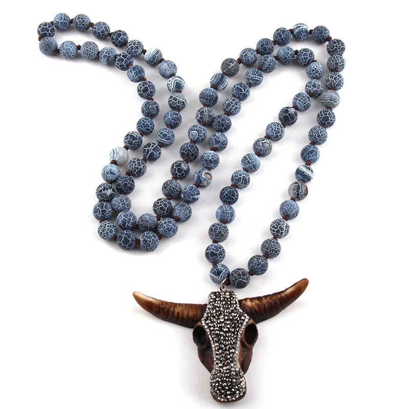 

Fashion Women Ethnic jewelry Long Knotted Weathered Stone Necklace Crystal Pave Bull Head Pendant necklace