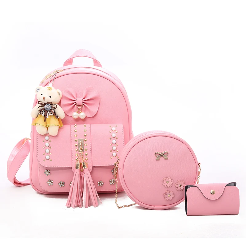 

Korean Style Leisure Women School Backpacks Bags 3pcs/set for Teenage Girls Backbag With Bear, Black grey white pink