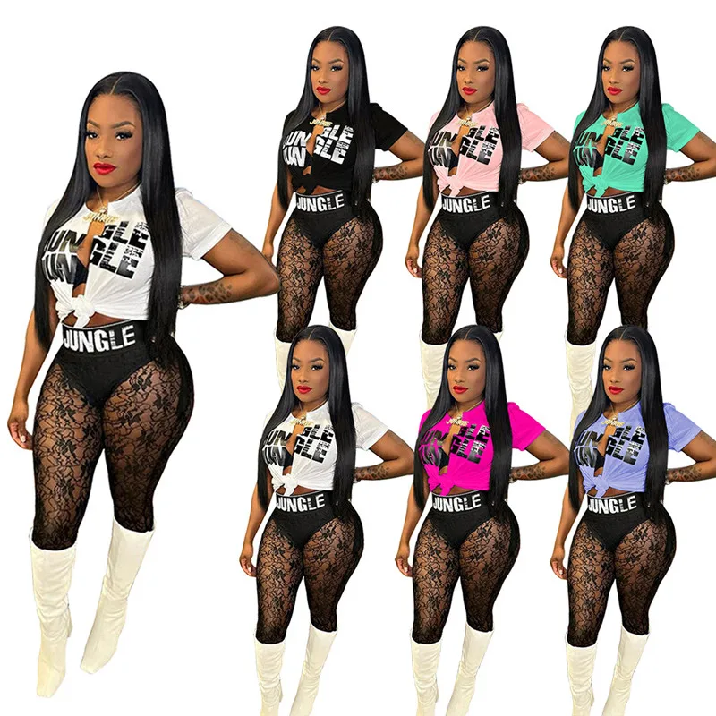 

Irregular Slit Letter Jungle Print Lace Up T-shirt + Lace See-through Pants Workout Tights Summer Two Piece Outfits For Women, As picture