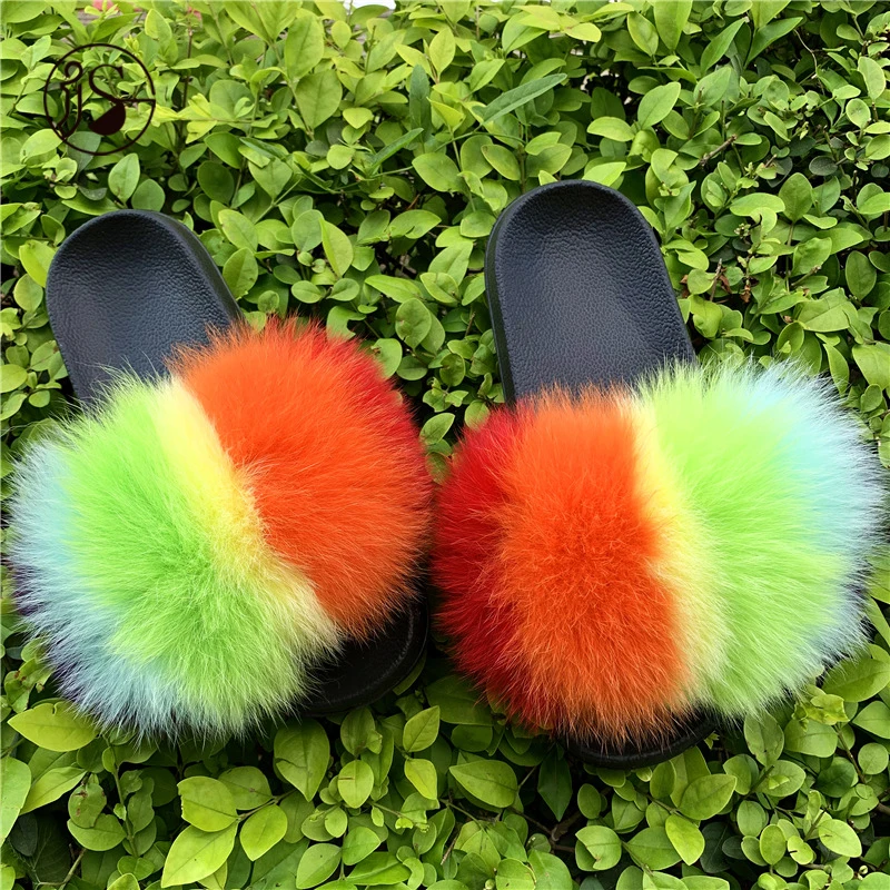 

Custom logo outdoor EVA slippers furry fur slides fluffy animal indoor slippers 100% fox fluffy slippers for women, Picture