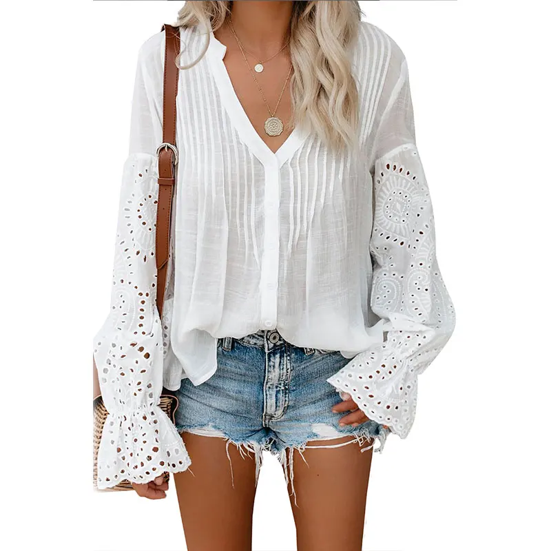 

Fashion Women Eyelet Long Sleeve Button Down Blouse Top, Customized