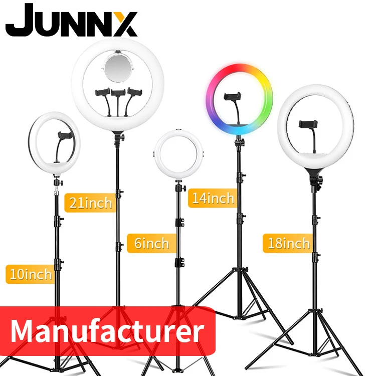 

JUNNX 10inch 18inch 21inch Ringlight 6 8 12 13 14 16 20 Heart RGB 10 21 18 inch Makeup LED Seflie Ring Light with Tripod Stand, Black