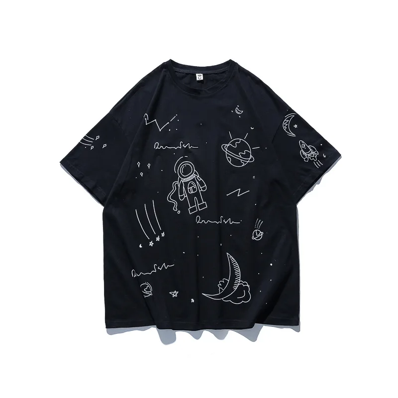 

Hip Hop XXXL Extra Large Spaceman Planet Cartoon Anime Print Round Neck T Shirt Men Casual