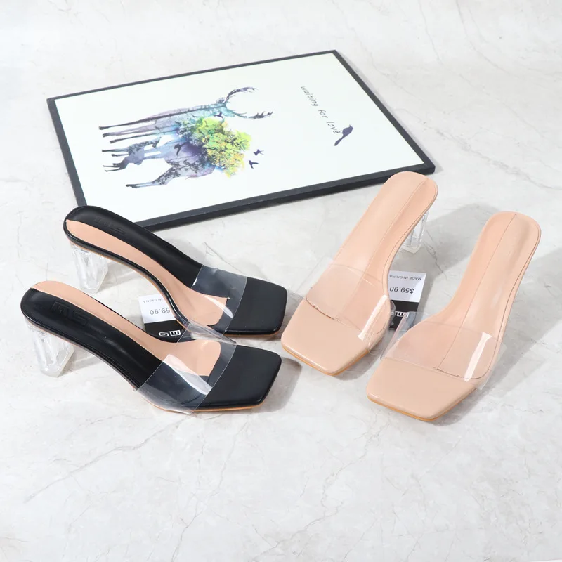 

Women Lady Female Casual Sandals Clear Chunky Heel Open-Toed Heels Slippers