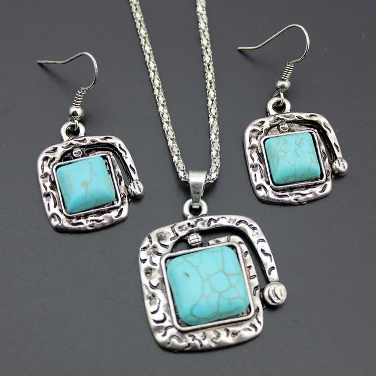 

Hot selling turquoise jewelry set Turquoise stone necklace and earrings set Geometric pendant necklace SD010, As photo