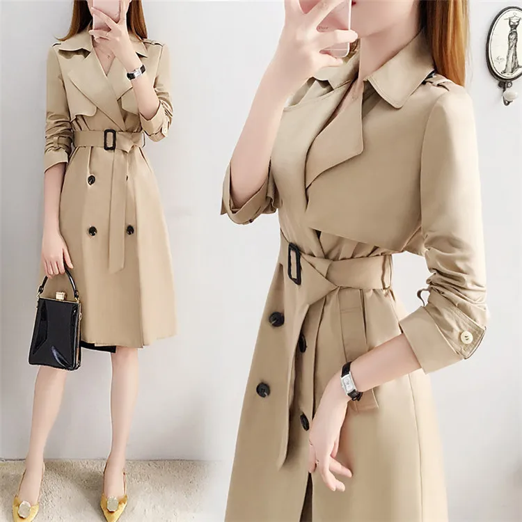 

YQ143 free shipping belted double breasted women long windproof jacket trench coat