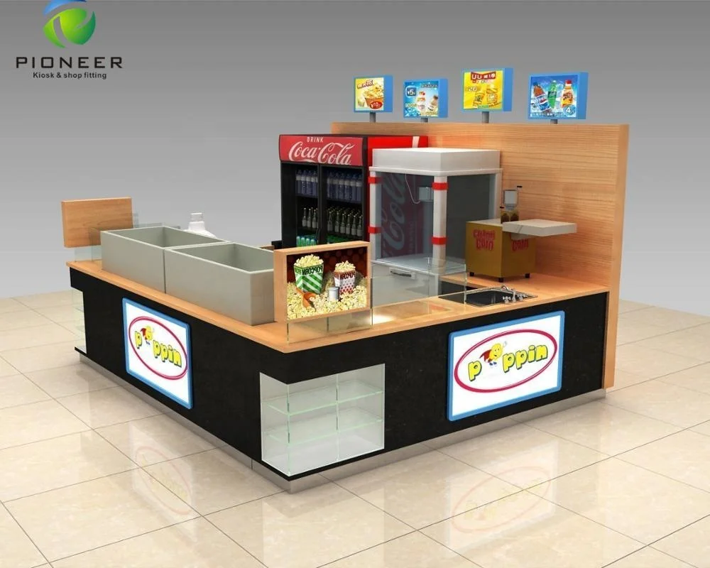 

Pioneer Wooden Mall Popcorn Kiosk Design For Food Booth, Customized color
