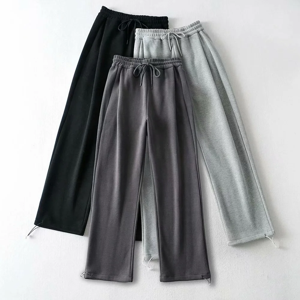 

B63844A Women 2021soft material high-waisted loose rope sport pants casual pants, Gray/black/dark gray