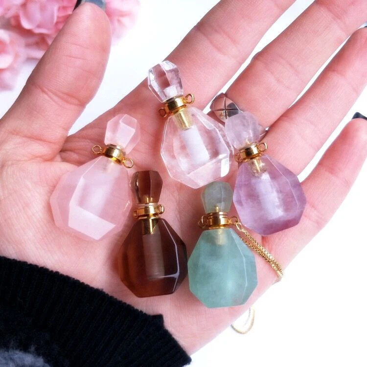 

Heart shape Aromatherapy natural gemstone roller necklace gold plated rose amethyst crystal healing oil bottle wholesale pendant, Different color is available