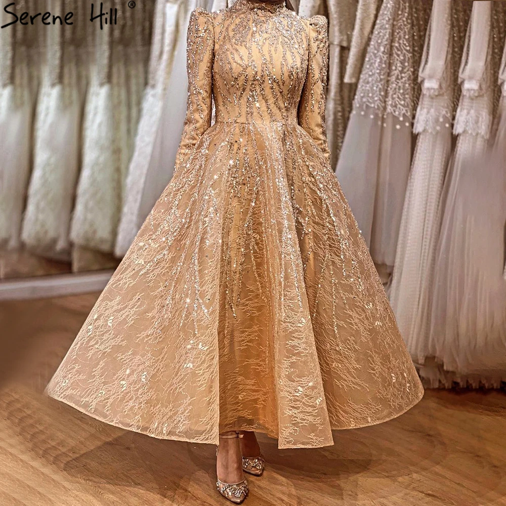 

Gold Muslim High Neck Full Sleeves Evening Dresses 2021 Serene Hill LA70996 Luxury Beaded Formal Long Party Gowns For Women