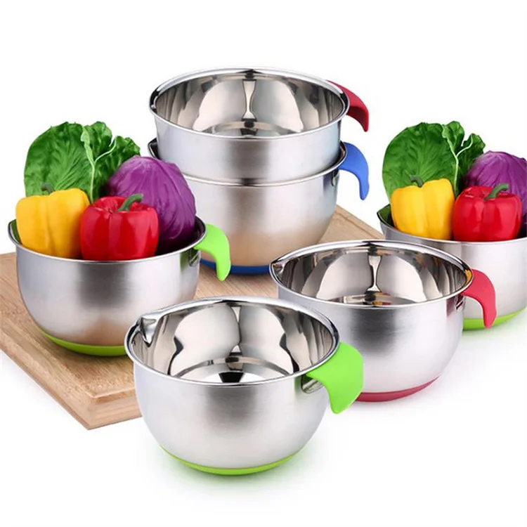 Colorful Round Stainless Steel Serving Salad Bowl with Plastic Lids Premium Nesting Mixing Bowl Non-slip