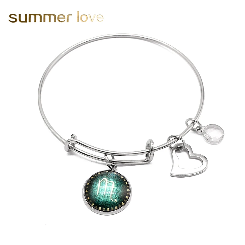

Hot Selling Trendy Adjustable 12 Zodiac Silver Stainless Steel Heart Shaped Bangle Women Men Charm Bracelet for Gift