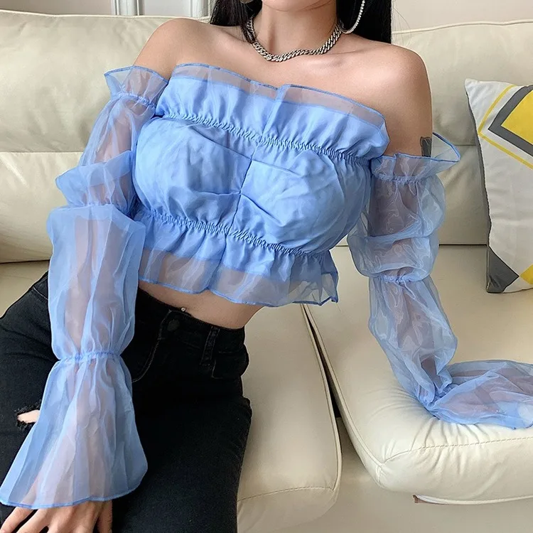 

Blue Mesh Puff Sleeve T-shirt Feminine Fashion One-shoulder Ruffled Long-sleeved Female Autumn Shirts