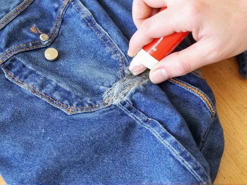 Applying fabric glue to patch edges on denim jacket