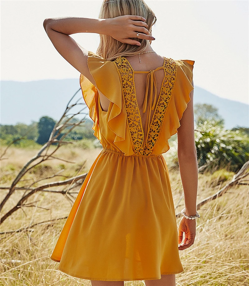 

Summer Wrap U Neck Backless Casual Dress Sexy Mini Boho Ruffle Swing Dress