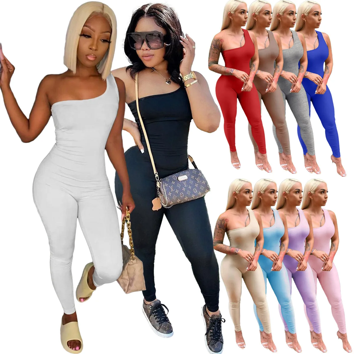 

5 Color Ready To Ship Casual Women's Rompers One Shoulder Slim Fit Jumpsuit