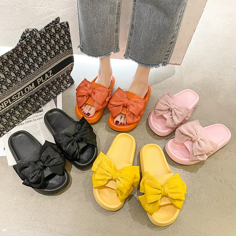 

New Fashion Pantoufle Femme Summer Wear Bow-Tie Non Slip Indoor Lovely Sponge Cake Beach Ladies Slippers